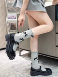 Grey knee-high socks with black satin bows and white pearl embellishments - View 6 | WEUXS