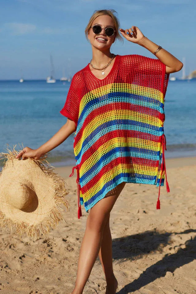 Rainbow Stripe Openwork Slit Cover Up - WEUXS