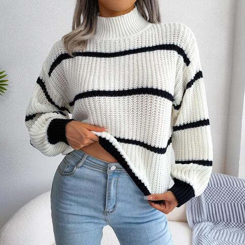 Striped Mock Neck Lantern Sleeve Sweater - WEUXS Main image