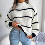 Striped Mock Neck Lantern Sleeve Sweater - WEUXS