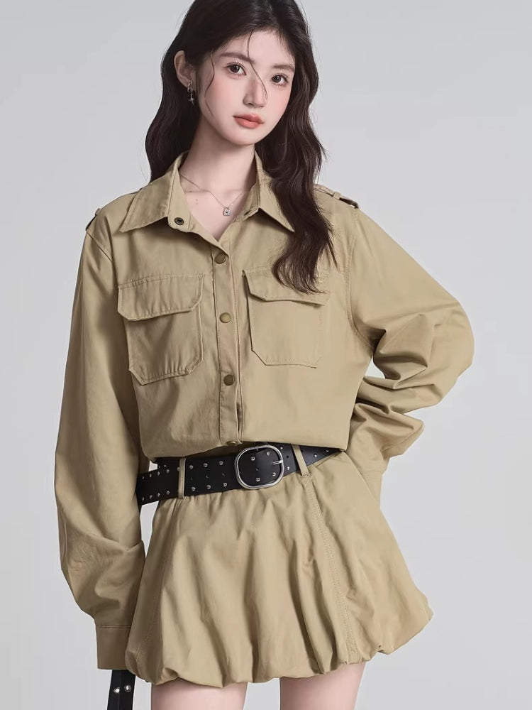 Khaki utility shirt and bubble skirt set - View 6 | WEUXS