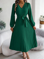 Vintage Khaki V-Neck Pleated Maxi Dress - View 13 | WEUXS