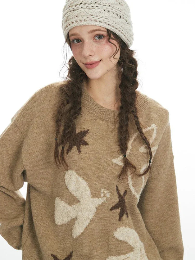 Oversized Peace Dove & Star Knit Sweater - View 6 | WEUXS