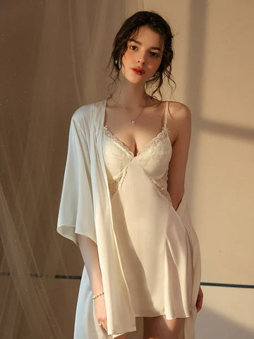 French Princess | Dot Mesh & Lace Satin Robe Set - WEUXS