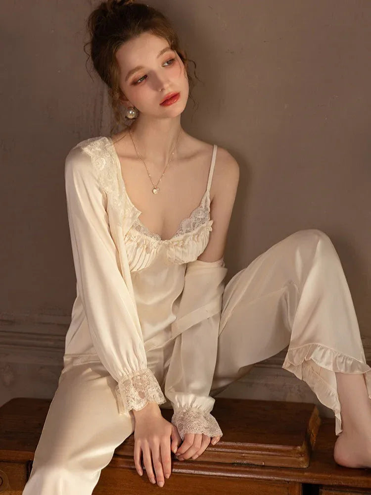 Lace Trim Satin 3-Piece Pajama Set - WEUXS