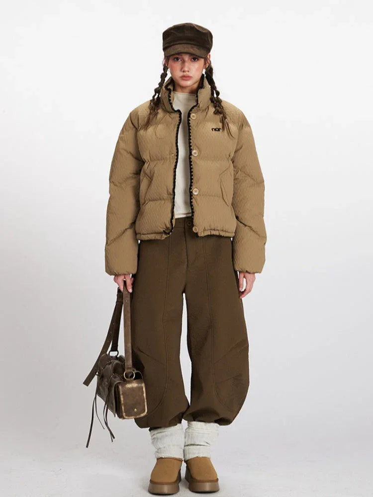 Textured Stand Collar Cropped Puffer Jacket - WEUXS