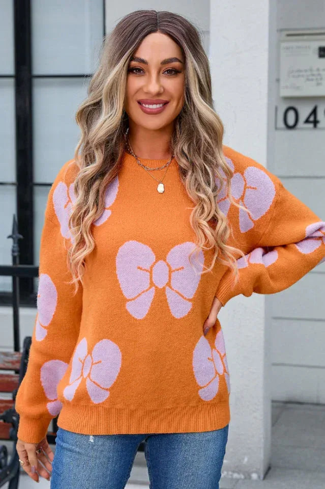Women's crew neck knit sweater with bow print - View 21 | WEUXS
