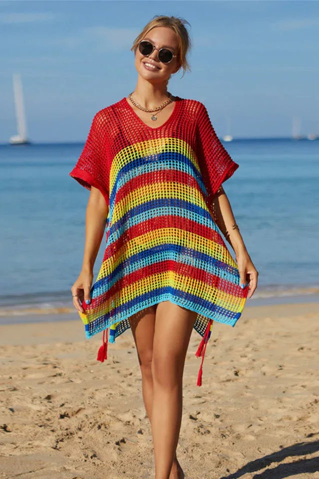 Rainbow Stripe Openwork Slit Cover Up - WEUXS