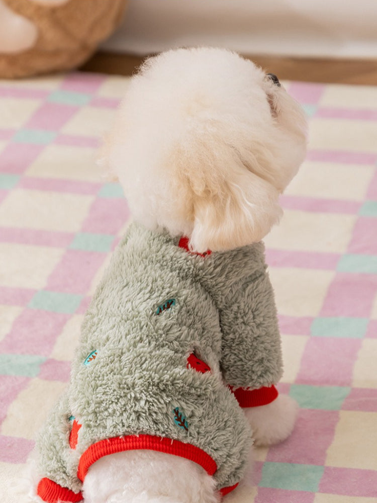 A white Bichon Frise dog wears a light green fleece dog sweater with red accents and an embroidered pattern.
