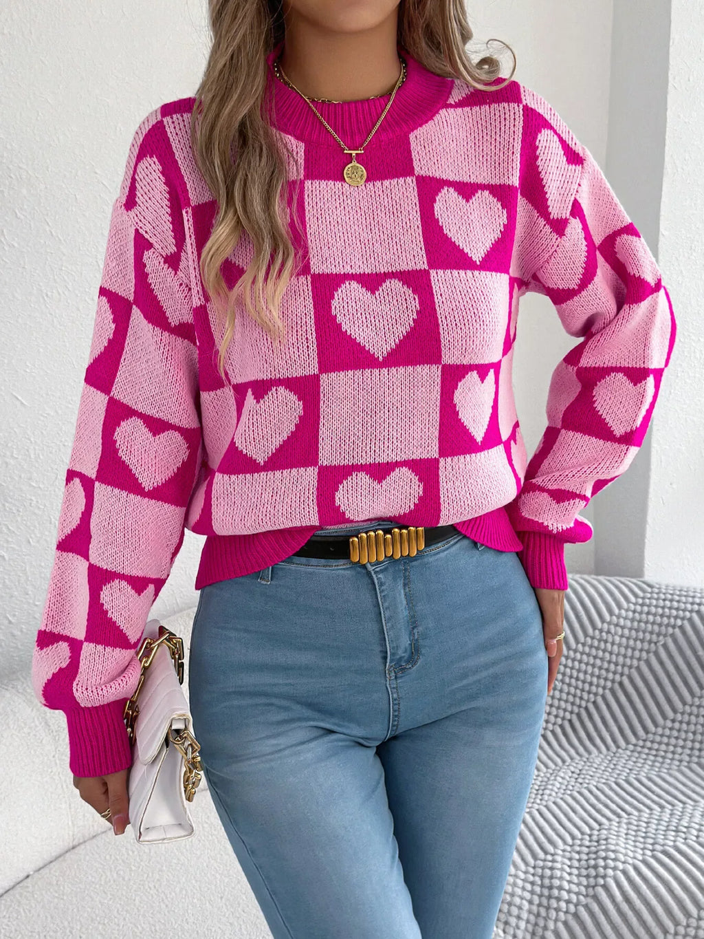 Romantic Red & Black Heart Checkerboard Sweater - WEUXS