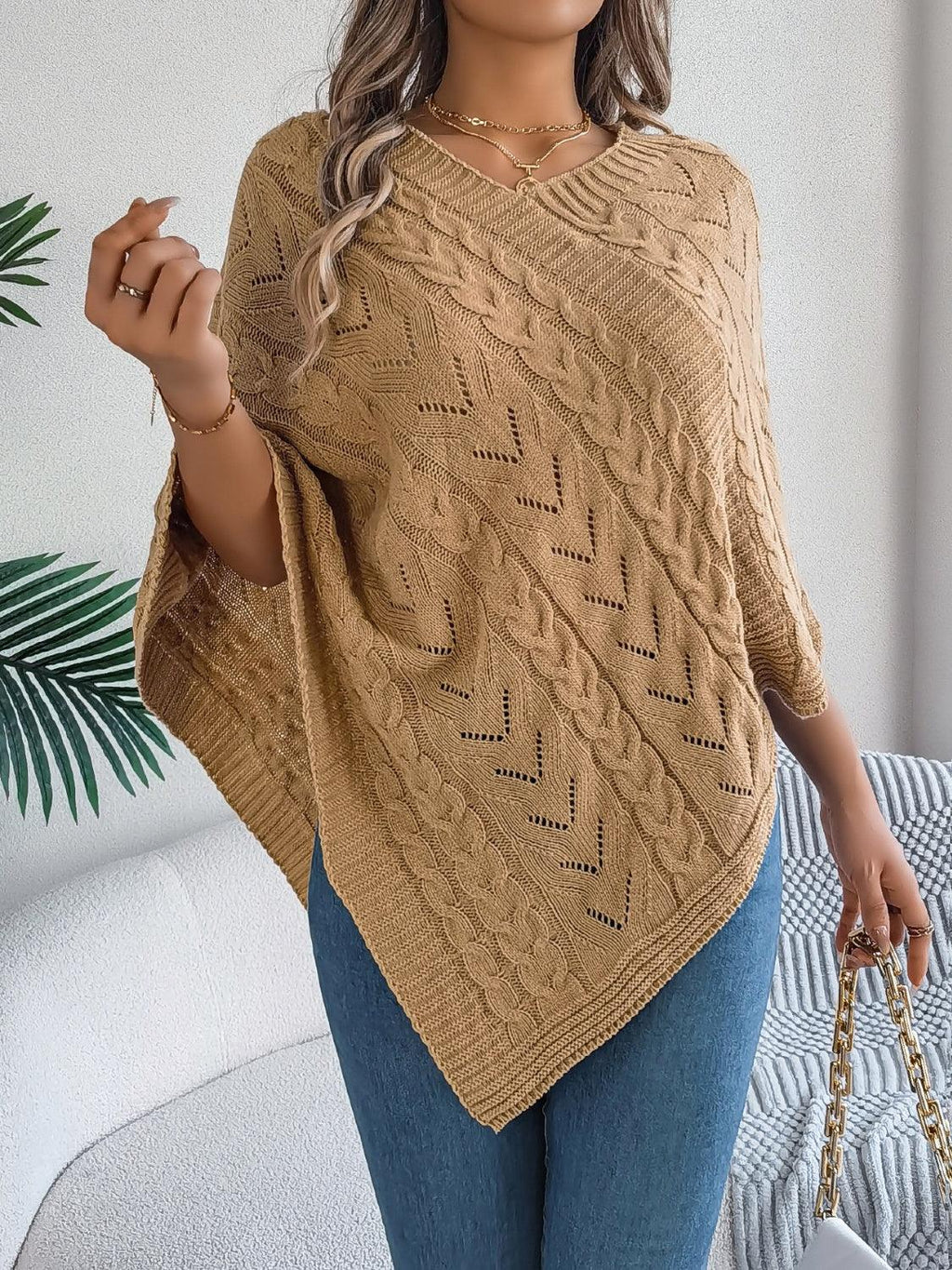 Cable Knit V-Neck Poncho Sweater - View 9 | WEUXS