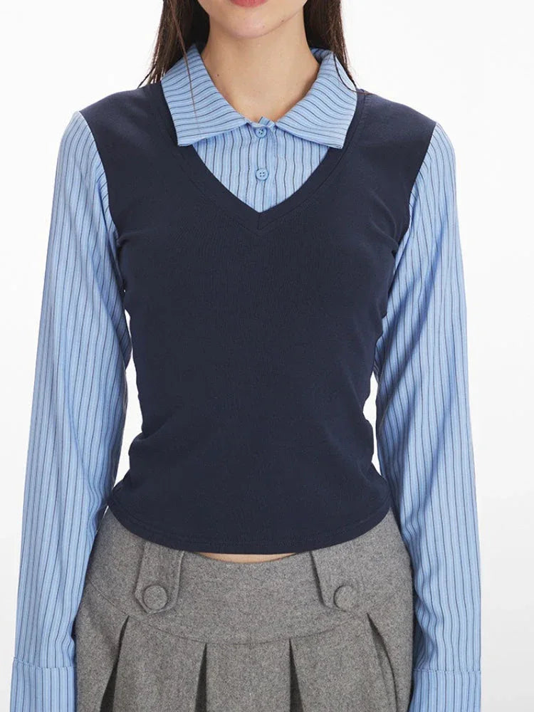 Preppy Faux Two-Piece Layered Top - View 6 | WEUXS