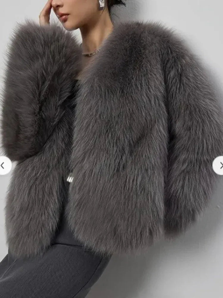 Luxe Grey Faux Fox Fur Cropped Jacket - WEUXS