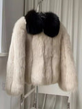 Cream faux fur jacket with black contrast collar - View 7 | WEUXS