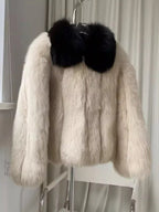 Cream faux fur jacket with black contrast collar - View 7 | WEUXS