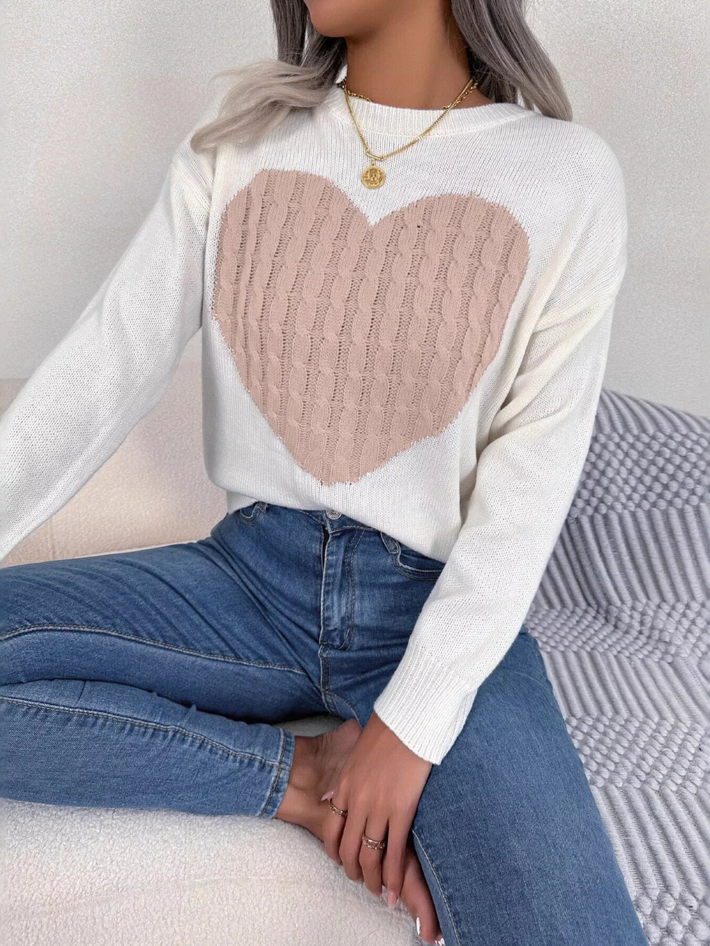 Cable knit sweater with heart design - View 6 | WEUXS