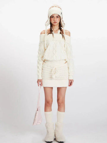 Cream cable knit cropped sweater with button front and off-the-shoulder neckline