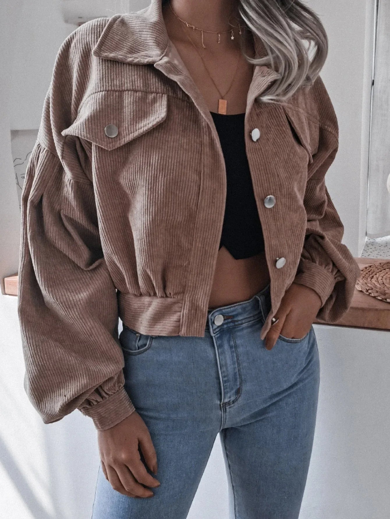 Cropped corduroy jacket with lantern sleeves - View 6 | WEUXS