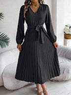 Vintage Khaki V-Neck Pleated Maxi Dress - View 25 | WEUXS