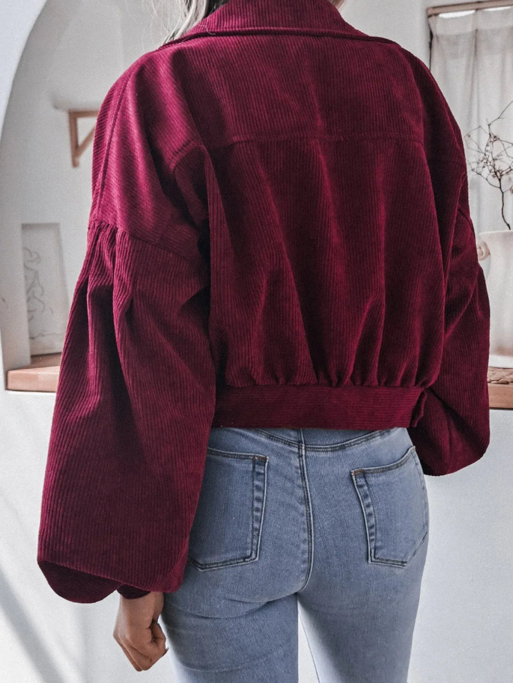 Cropped corduroy jacket with lantern sleeves - View 10 | WEUXS