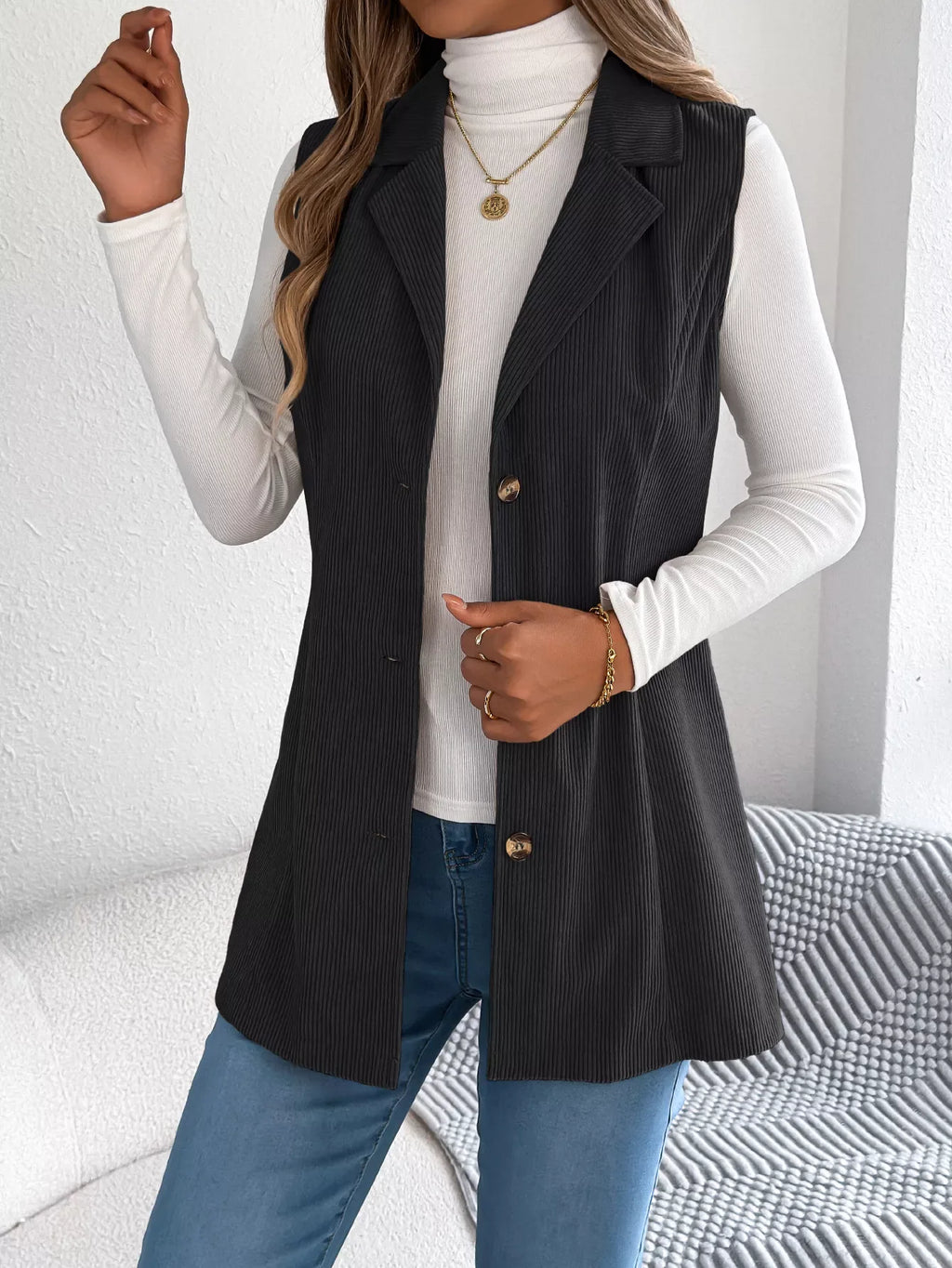 Beige corduroy sleeveless jacket with notched lapel - View 15 | WEUXS