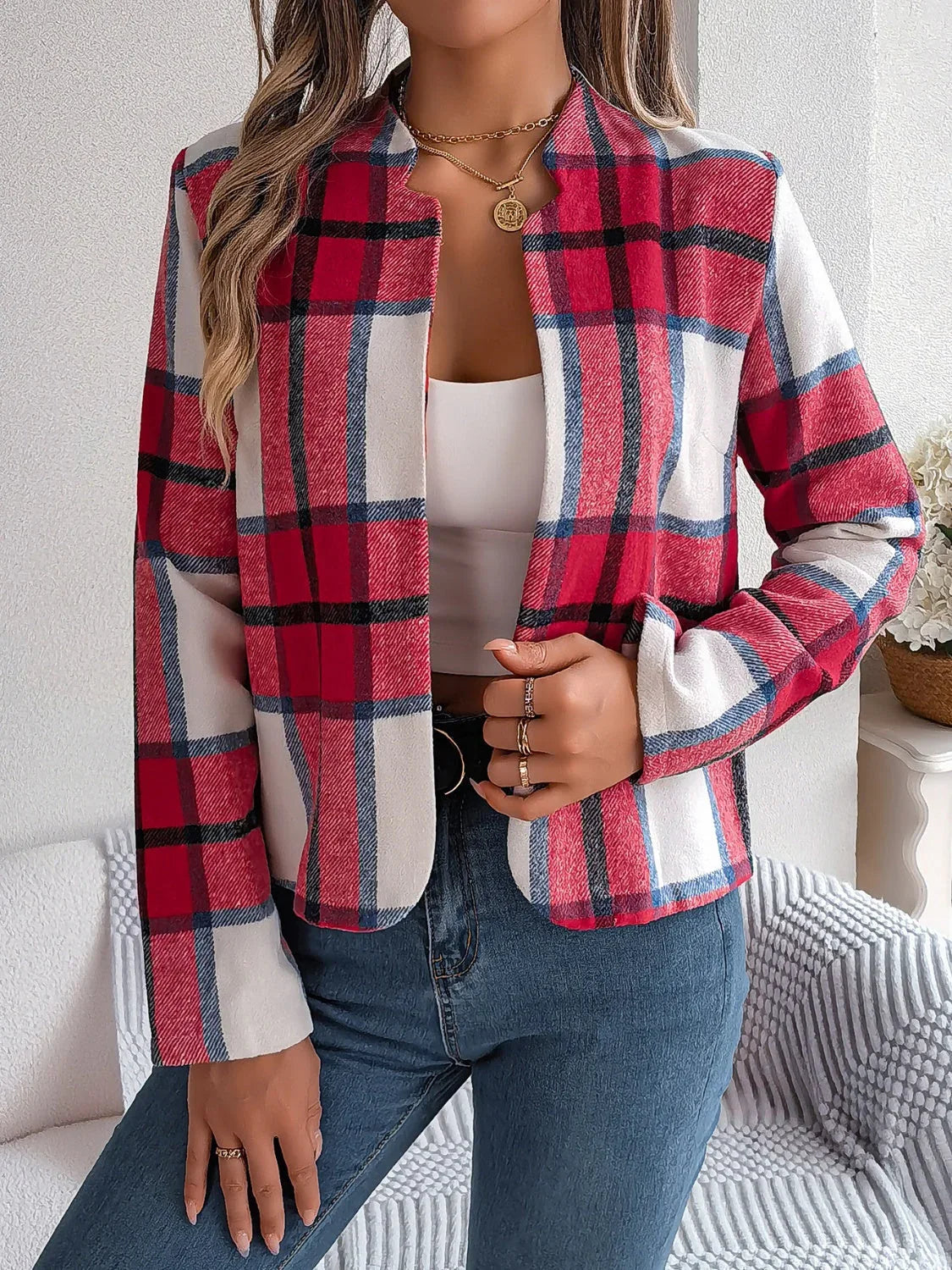 Chic Navy Blue Plaid Cropped Jacket - WEUXS