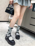 Grey knee-high socks with black satin bows and white pearl embellishments - View 8 | WEUXS