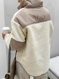 Back view of a woman wearing a cream sherpa fleece quarter-zip pullover with contrast brown panels on the shoulders and sleeves.
