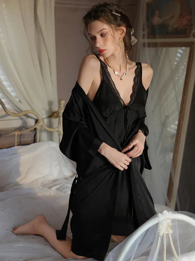 White Lace Trim Satin Slip Dress & Robe Set - WEUXS
