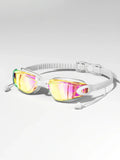 White swimming goggles with iridescent mirrored lenses and attached earplugs