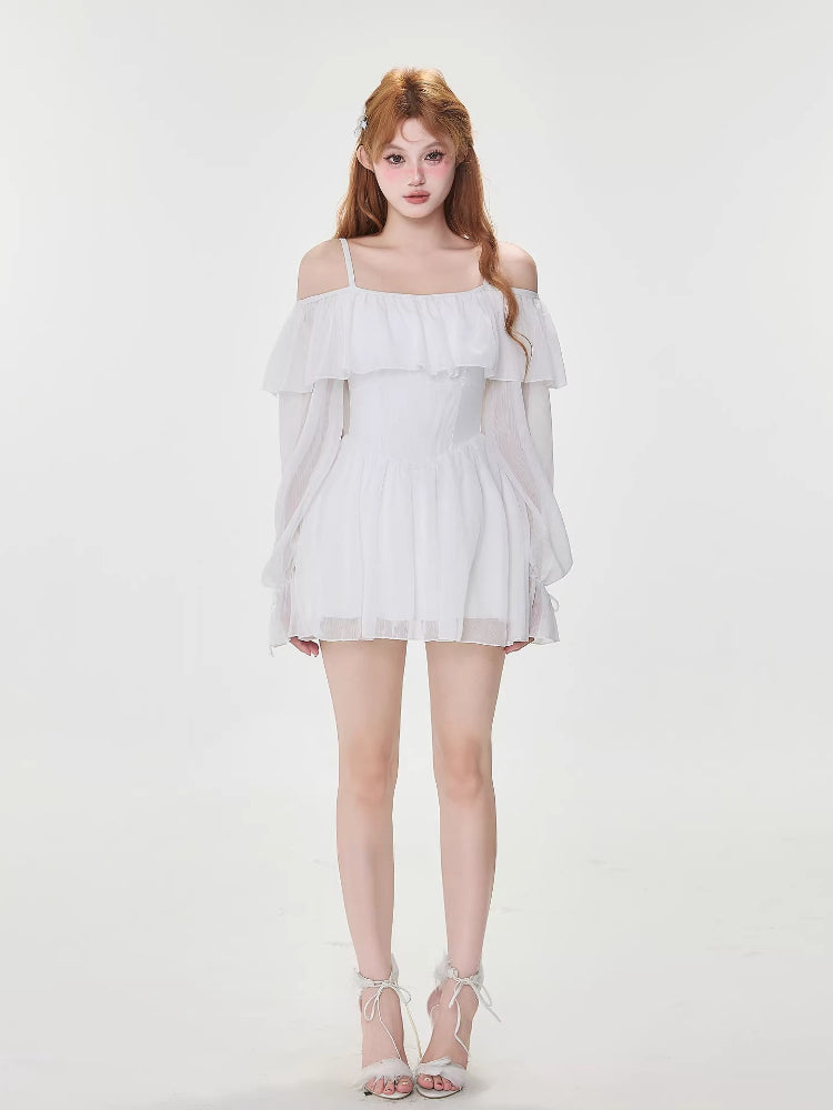 White Off-Shoulder Ruffle Swim Dress Main image