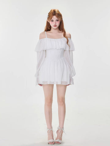White Off-Shoulder Ruffle Swim Dress