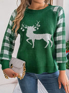 Woman wearing a white and red festive reindeer knit sweater with buffalo plaid raglan sleeves. - View 12 | WEUXS