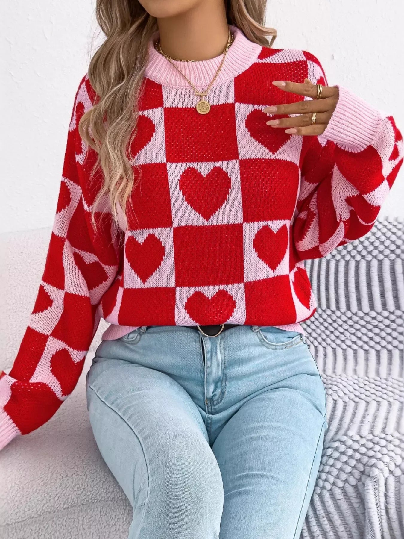 Romantic Red & Black Heart Checkerboard Sweater - WEUXS