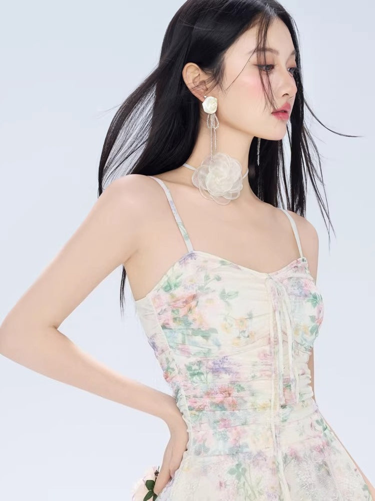 Close-up of the floral print and ruched bodice of a mini dress