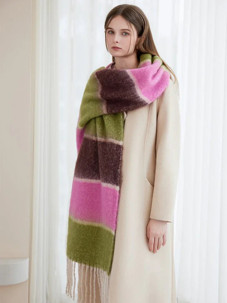 woman wearing a multi-colored striped oversized shawl scarf - View 9 | WEUXS
