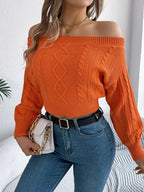 Khaki Off-Shoulder Cable Knit Sweater - View 10 | WEUXS