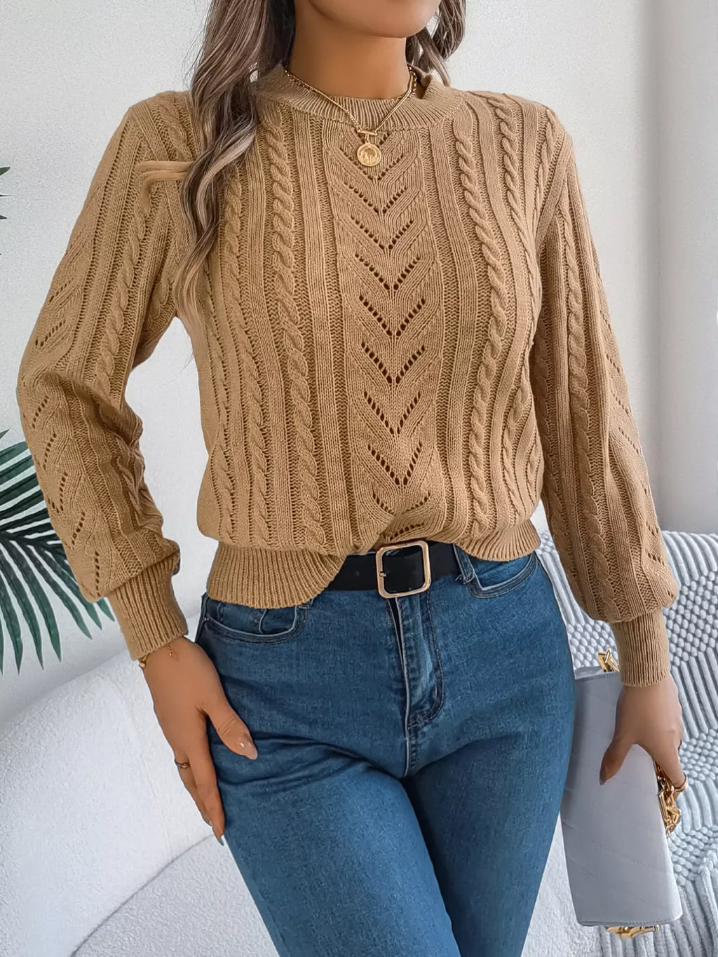 Women's Rust Cable Knit Sweater - WEUXS