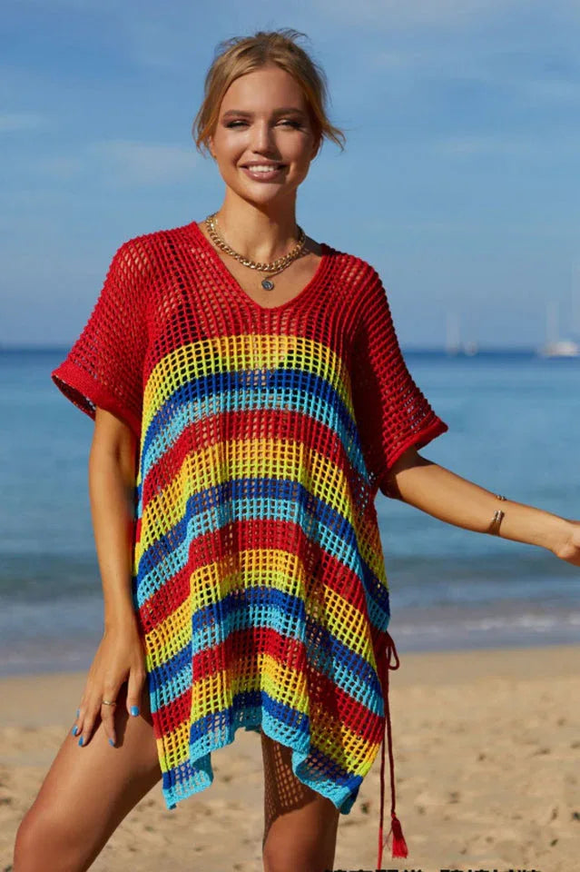 Rainbow Stripe Openwork Slit Cover Up - View 19 | WEUXS
