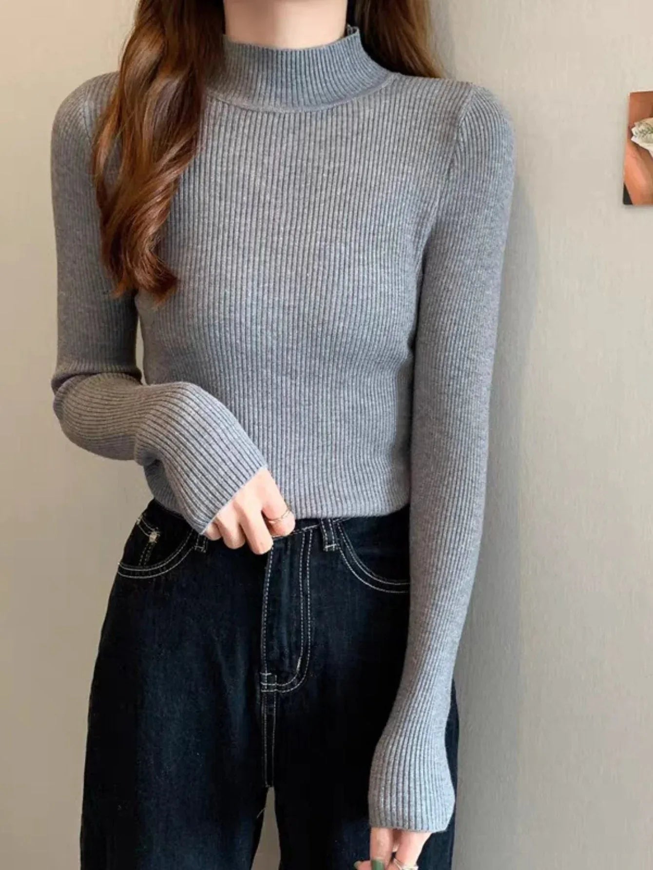 grey mock neck ribbed knit sweater - View 8 | WEUXS