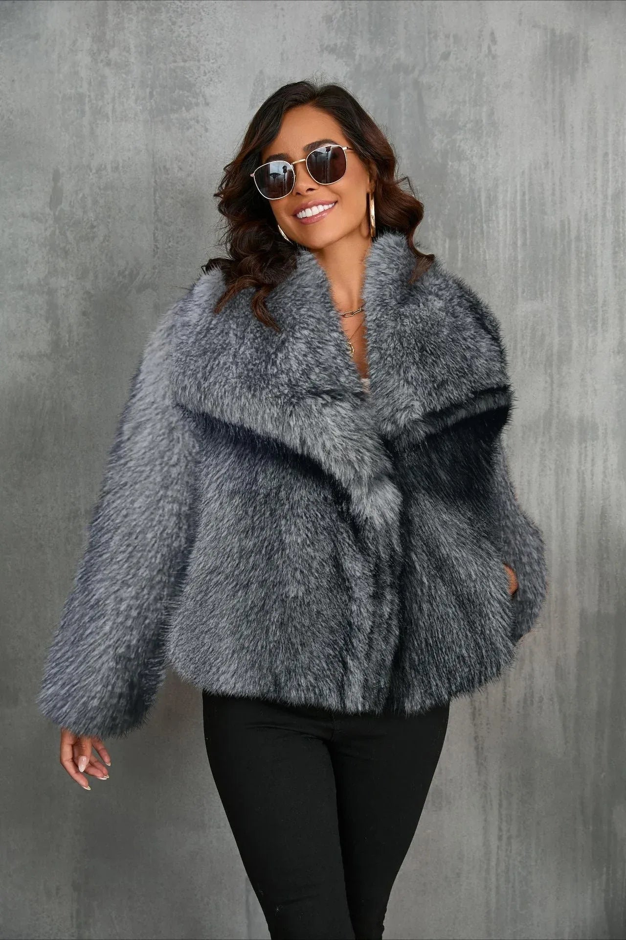 Luxe Sage Grey Faux Fox Fur Coat - WEUXS