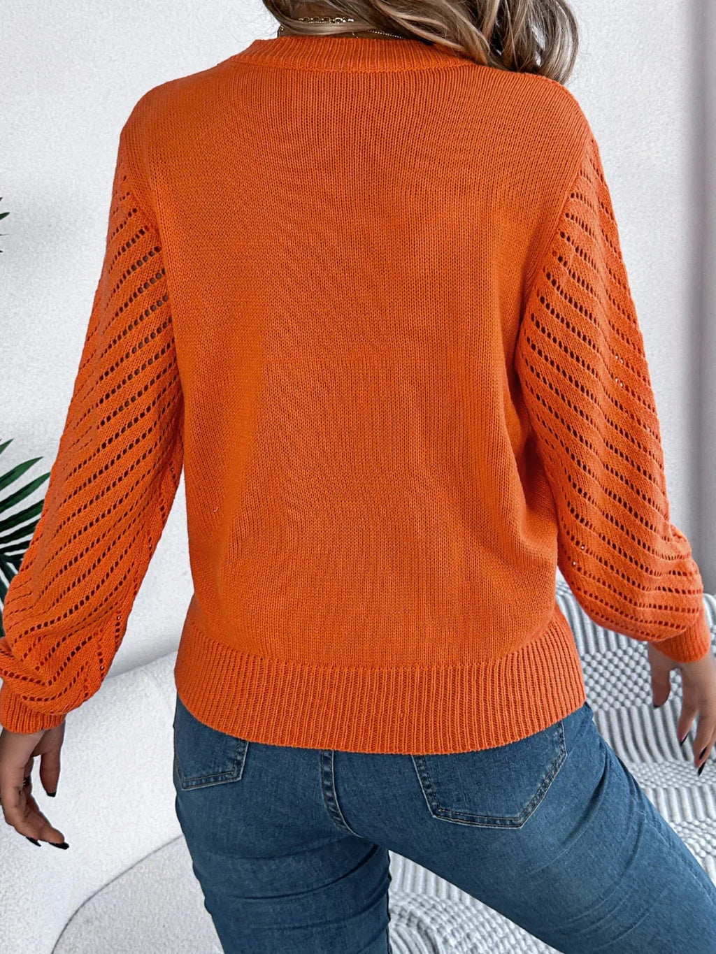White Hollow Out Pointelle Knit Sweater - WEUXS