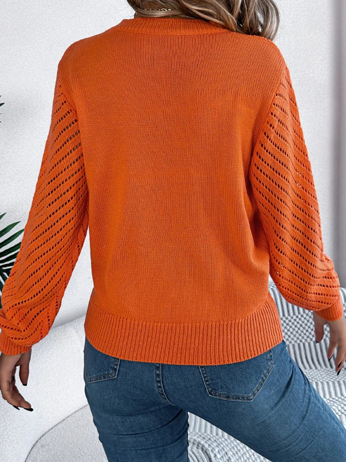 White Hollow Out Pointelle Knit Sweater - WEUXS