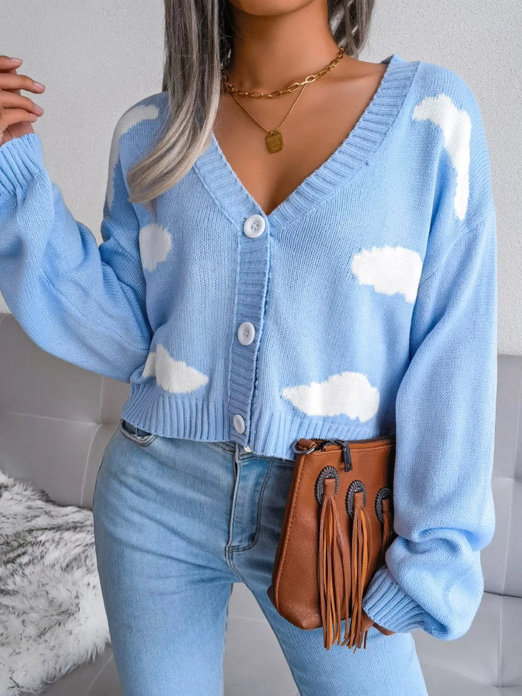 Daydream Sky Cloud Print Knit Cardigan - WEUXS