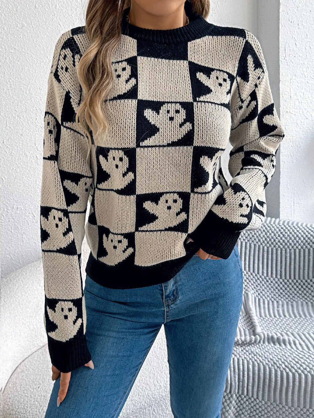 Ghost Checkerboard Knit Sweater - View 6 | WEUXS