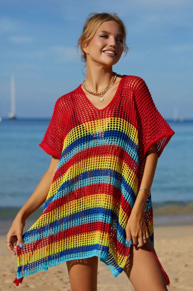 Rainbow Stripe Openwork Slit Cover Up - View 20 | WEUXS