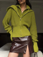 Sculpted Lime Ribbed Knit Zip-Up Cardigan - WEUXS