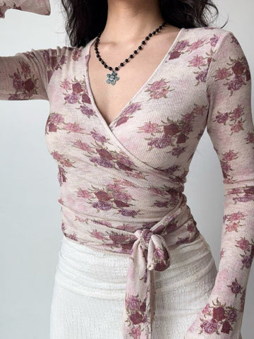 Floral Wrap Top Long Sleeve Knit
