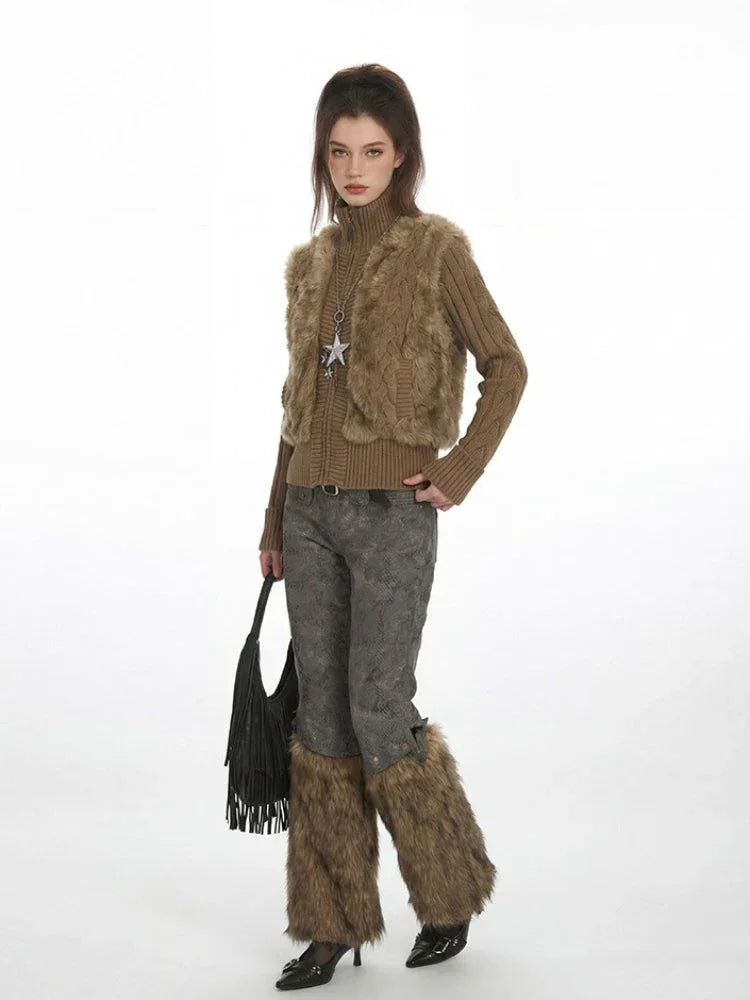 A woman showcases a unique winter-inspired outfit with statement accessories.