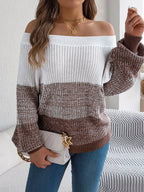 Monochrome Muse Off-Shoulder Color Block Knit Sweater - WEUXS